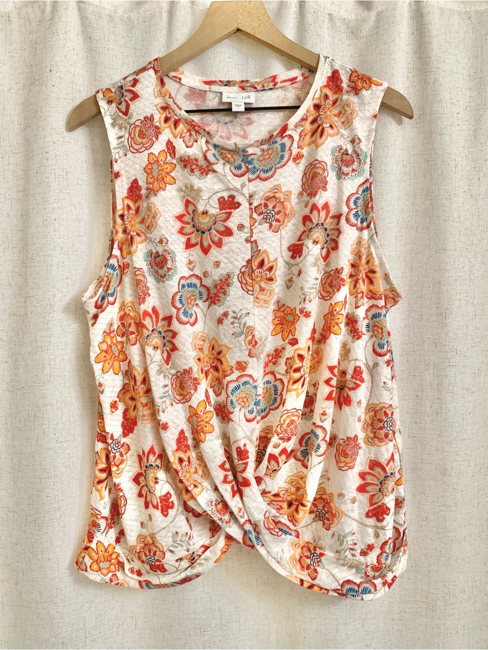J. Jill 100% Linen Cream Sleeveless Twist-Hem Tank Orange Flower Burst Print L